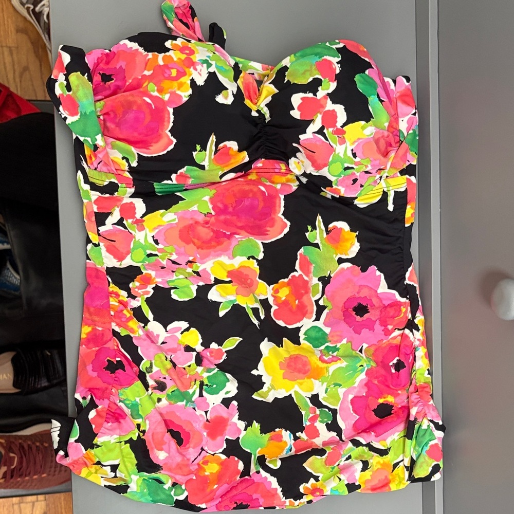 Lauren Ralph Lauren Black Floral  Swimsuit top with adjustable tie back
